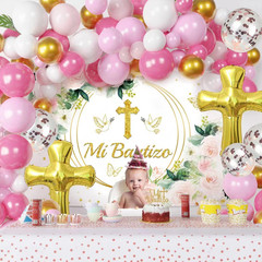 Mi Bautizo Decorations,Baptism Party Decorations Kit – Pink Gold Balloon Garland