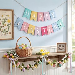 2pcs Happy Easter Banner Burlap Easter Bunting Garland Decorations Rabbit Color