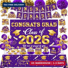 2026 Graduation Decorations Kit – Purple and Gold Class of 2026 Party Decor w…