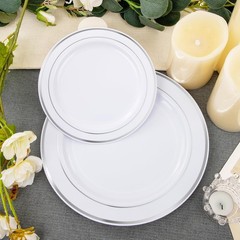FLOWERCAT 60PCS Silver Plastic Plates – Heavy Duty White and Silver Plastic P…