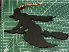 Large halloween Hanging Black Witch & Broom Laser Cut Painted Plywood & Ribbon.