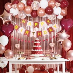 Burgundy Decorations for with Happy Bithday Banner, Curtains, Burgundy Heart …