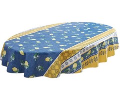 Lemon Grove Vinyl Tablecloth w/ Flannel Backing – Oval 60×84″ (Yellow/Blue)