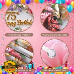 Flower 75th Birthday Banner Decorations for Women Pink Roses Floral Happy 75t…