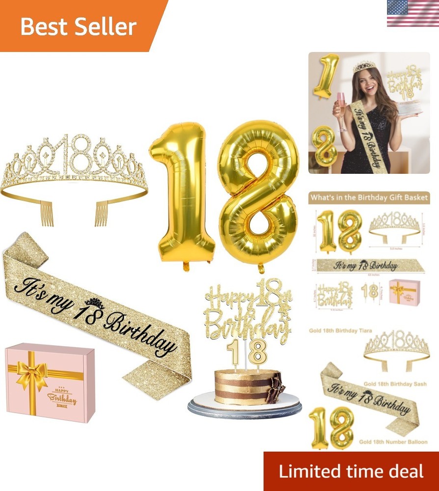 18th Birthday Decorations for Girls Gold with 18th Birthday Tiara and Sash, C…