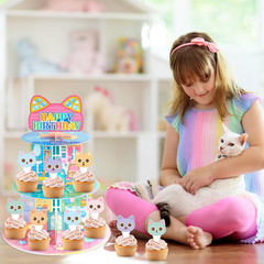 19Pcs Cartoon Cat Cupcake Stand Cat Party Decor Cute Cats Cake Toppers Doll Them