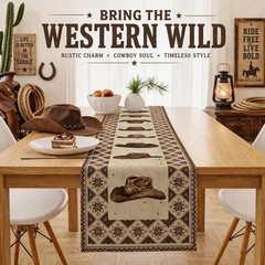Cowboy Hat Patterned Table Runner – 72″L Western Style for Home & Parties