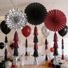 24PCS Maroon Decorations Burgundy Black Silver Party Decor Tassel Garland Banner