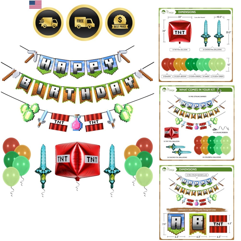 Pixel Birthday Decorations – Pixel Happy Birthday Banner with Balloons, Pre-S…