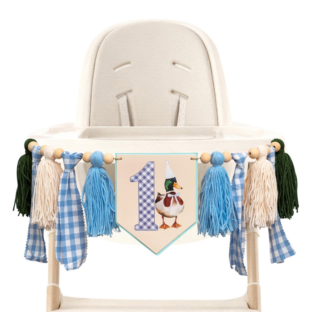 Lucky Duck 1st High Chair Banner – Mallard Gingham Baby Party Highchair Banne…