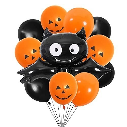 HALLOWEEN BAT SHAPED FOIL BALLOON (50CM) & 10 LATEX BALLOONS SPOOKY PARTY DECOR
