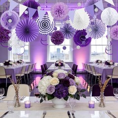 24 Pcs Purple Decorations Kit, Reusable Hanging Fans Triangle Banner Tissue P…