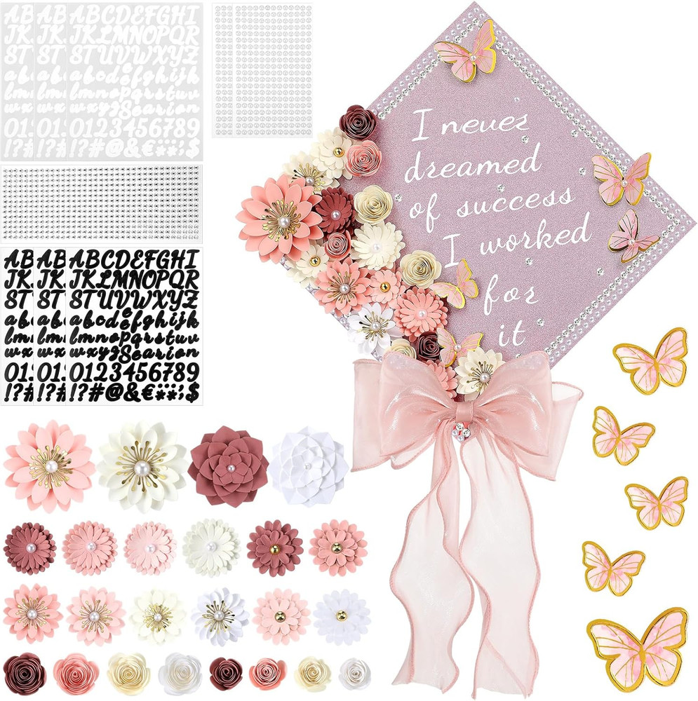 MotiMind 46 Pcs DIY Graduation Cap Decorations Kit Included Paper Flowers, 3D Bu