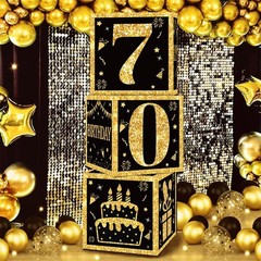 70th Birthday Celebrations: 3PCS Black Gold Balloon Boxes for Festivities