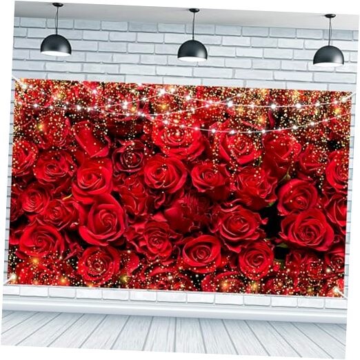 Happy Valentine’s Day Banner Backdrop – 73 x 43 Inch Large Size Red Rose