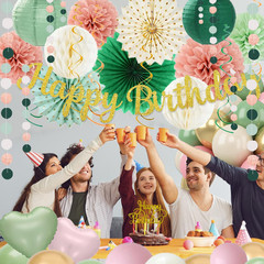 Sage Green Pink Birthday Decorations – 62Pcs Happy Birthday Banner, Olive Retro