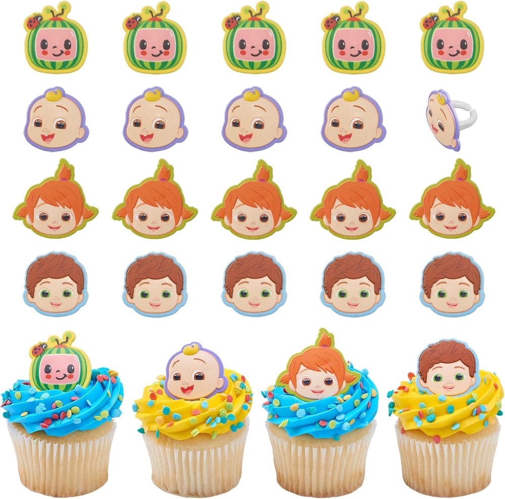 Cocomelon Playtime Rings | 24 Cupcake Toppers Featuring JJ, Yoyo & Tomtom | Coc