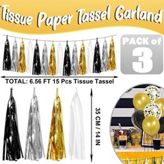 3P Black Gold Silver Foil Fringe Metallic Tassel Garland, Tassels Banner Stre…