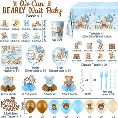 Blue Bear Baby Shower Decorations,219Pcs Baby Shower Tableware Set Banner, Plate