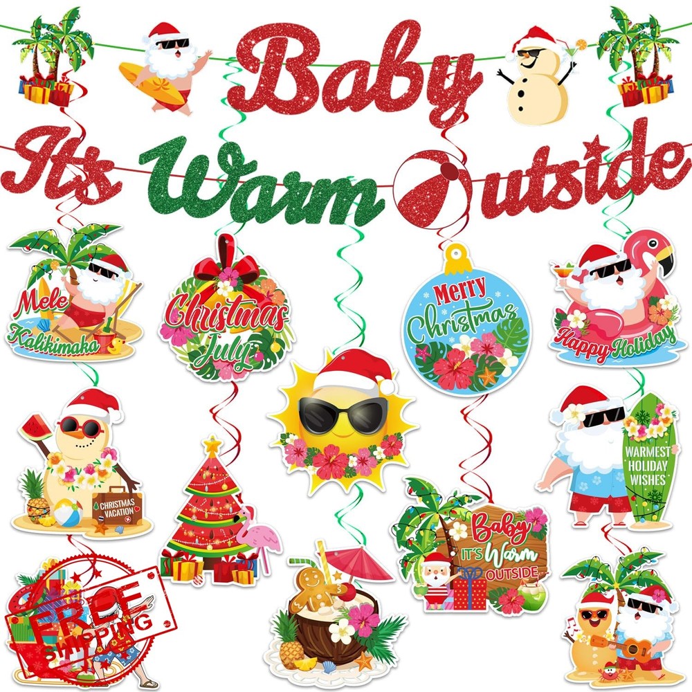 Summer Christmas Party Decorations Banner and Hanging Swirls | Baby It’s Warm…