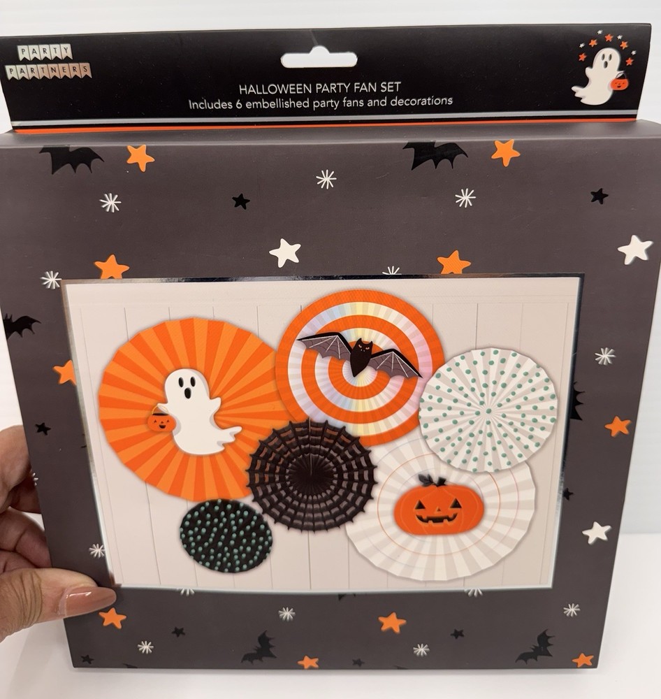 New In Box Halloween Party Hanging Paper Fan Set Orange & Black & White 6 Fans