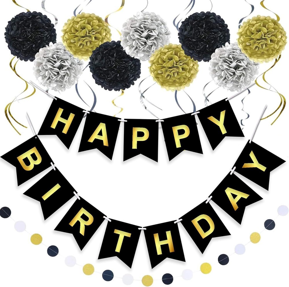 Happy Birthday Decorations Pack of 20, Pom Pom Tissue Swirl Garland Banner