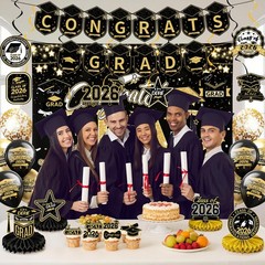 Graduation Decorations 2026 Set Black Gold, Congrats Grad Decor Gold,black