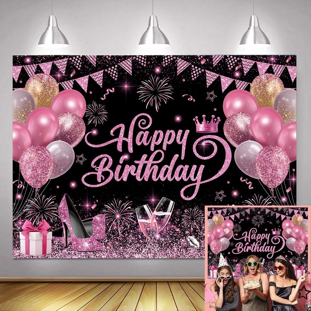 7x5ft Pink and Black Happy Birthday Backdrop Women Birthday Party Photography