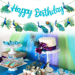 Peacock Birthday Banner & Decorations – 2Pcs Blue Peacock Party Banners for Zoo