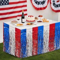 4th of July Table Skirt Decorations, 2 Packs Red White and Blue Wavy Tinsel F…