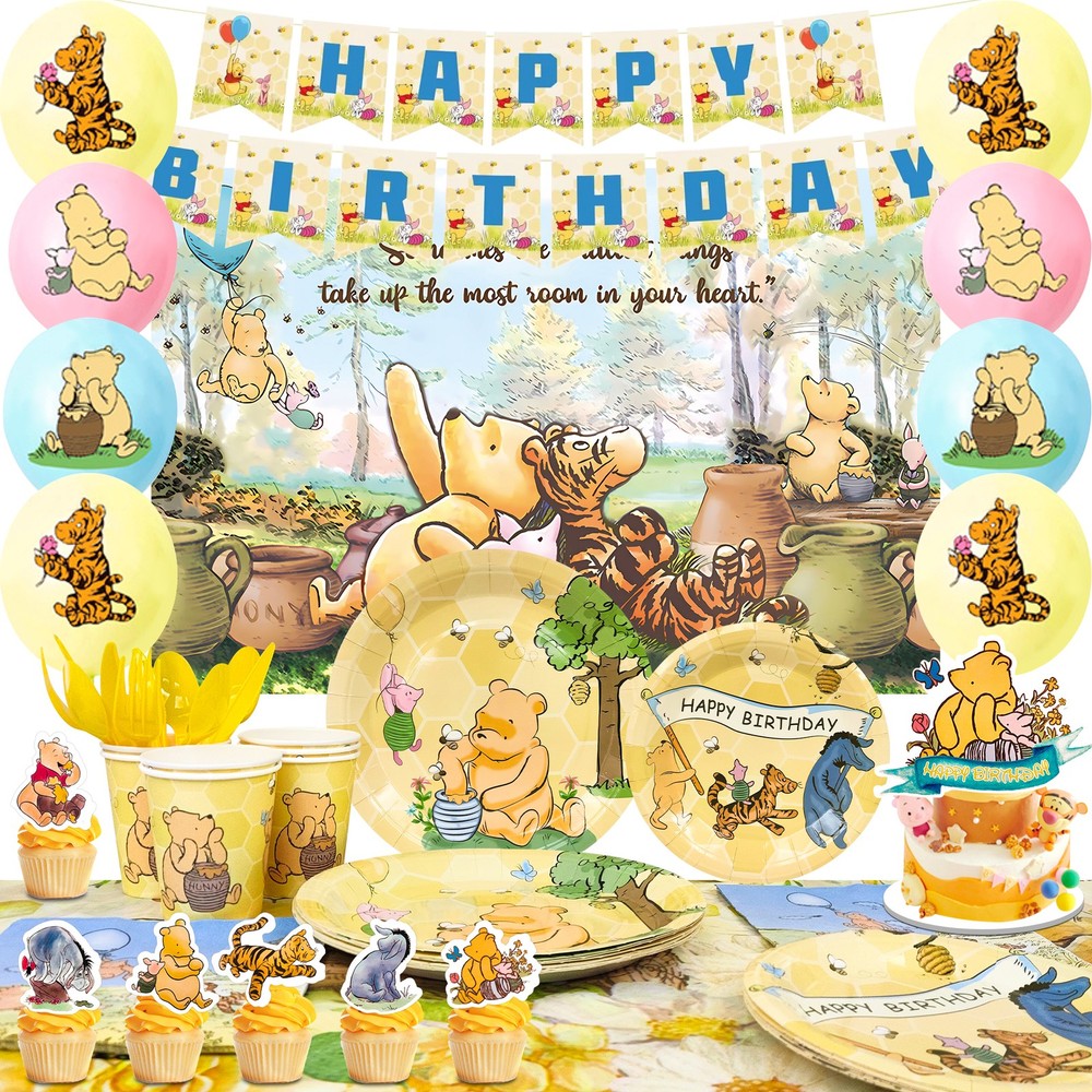 112 Pcs Winnie The Pooh Party Decoration Winnie Party Tableware Balloons Plates