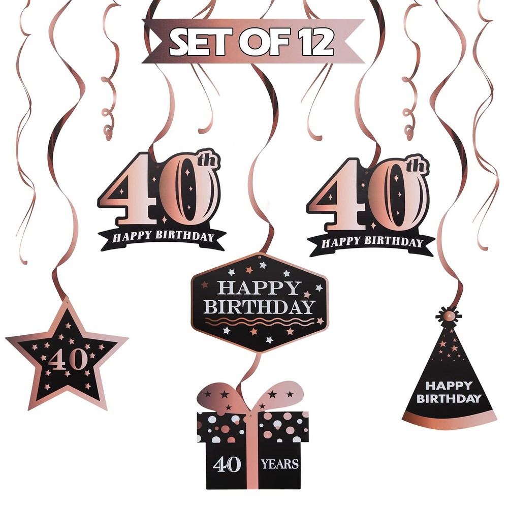 Happy 40th Birthday Decorations 12 Pcs Black Rose Gold Foil Swirls Forty Years