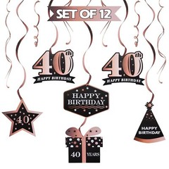 Happy 40th Birthday Decorations 12 Pcs Black Rose Gold Foil Swirls Forty Years