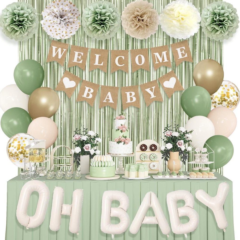 Oh Baby Shower Decorations Sage Green For Boy Girl Neutral Balloons Curtains Set