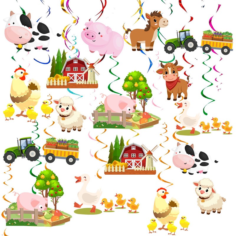 Farm Animal Hanging Foil Birthday Hanging Swirls 29 Pcs Barnyard Hanging Swirl