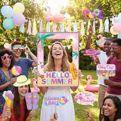 38 Pcs Summer Photo Booth Props Frame, Pink Summer Party Decorations Props, B…