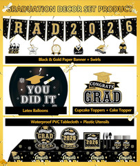 2026 Graduation Decorations Black Gold – Class of 2026 Party Decor Kit