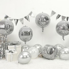 Disco Balloons 4PC,Foil Disco Balloons 22 Inch 4D Round Metallic Silver Ballo…