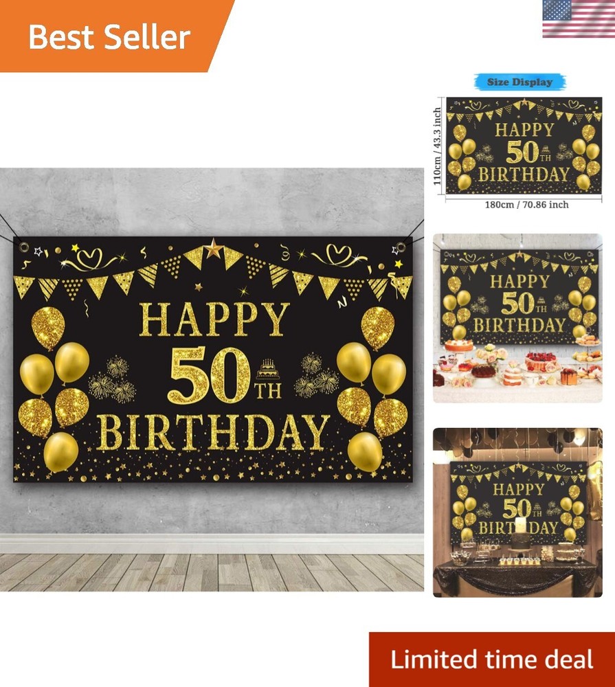 50th Birthday Celebration Backdrop – Lightweight Gold Black 5.9ft x 3.6ft Decor