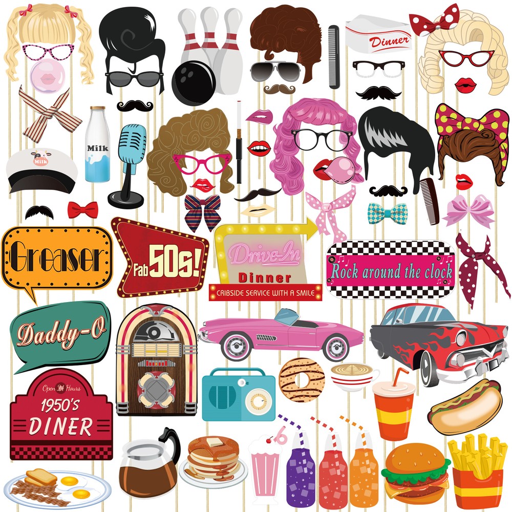 50s Sock Hop Photo Booth Props 67-count Birthday Wedding Hens Party Selfie