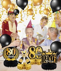 9 Pcs 80th Birthday Decoration for Men Women Happy 80th, 80th-black and Gold