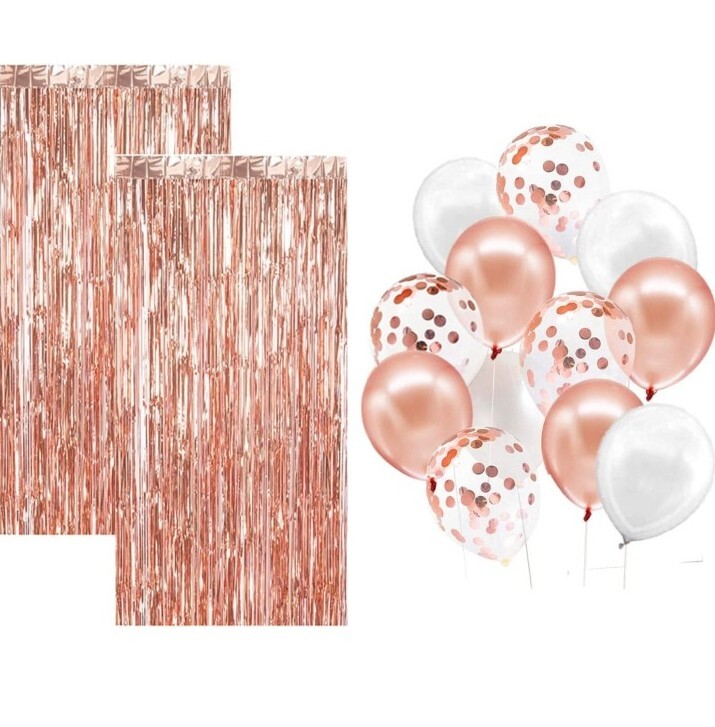 Party Decorations, Rose Gold Foil Curtain Backdrop, Rose Gold & white balloons.