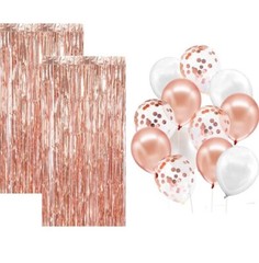 Party Decorations, Rose Gold Foil Curtain Backdrop, Rose Gold & white balloons.