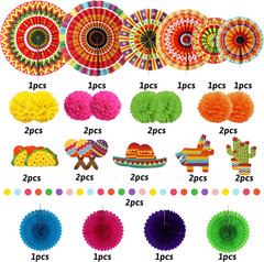 Mexican Party Decorations, 21 Pcs Multi-Color Paper Fans, Pom Poms Flowers for M