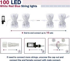 Vibrant Red, White & Blue LED Lights – 33ft 100 Bulbs, Waterproof Holiday Decor