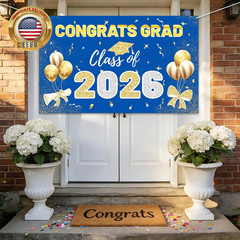 2026 Graduation Backdrop – 70.8″X43.3″ Blue Gold Congrats Grad Banner Class of 2