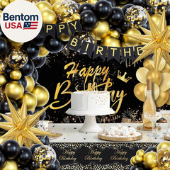 Black and Gold Birthday Decorations for Men Women, 71Pcs Black and Gold Party De