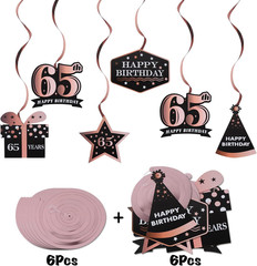 Happy 65th Birthday Decorations – 12Pcs Birthday Black & Rose Gold Swirls Stream