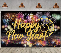Happy New Year Fabric Banner with Fireworks for Party Photo Booth Backdrop Decor