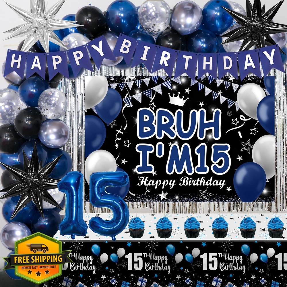 TOUPONS Blue 15th Birthday Decorations Bruh I’m 15